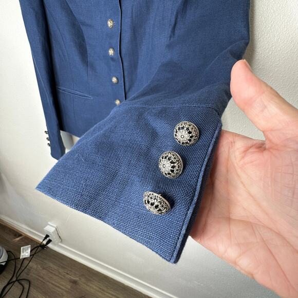 Loden Plankl Denim Blue Linen Band Neck Silver Decorative Buttons Blazer Jacket - Picture 4 of 12